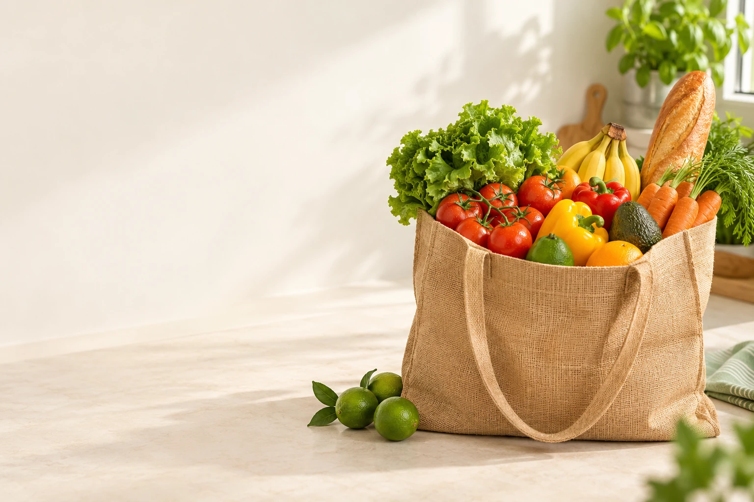A grocery bag filled with colourful fresh produce